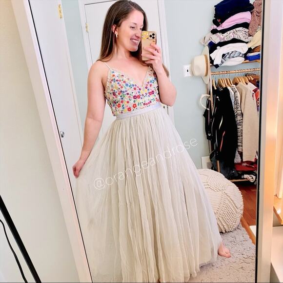 Needle & Thread Light Gray Cami Multicolored Floral Embroidery Tulle Maxi Gown - Picture 1 of 16
